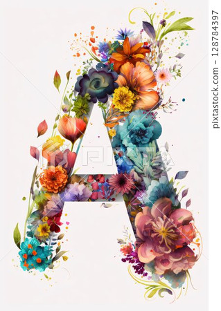 Floral letter A, watercolor painting. Handmade font. Floral letter A, watercolor painting. Handmade font. 128784397