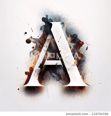 Alphabet letter A uppercase. Grunge paint splashes on white background 128784398