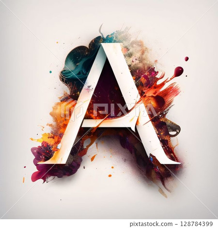 Colorful watercolor paint splashes letter A, art font. Colorful watercolor paint splashes letter A, art font. 128784399