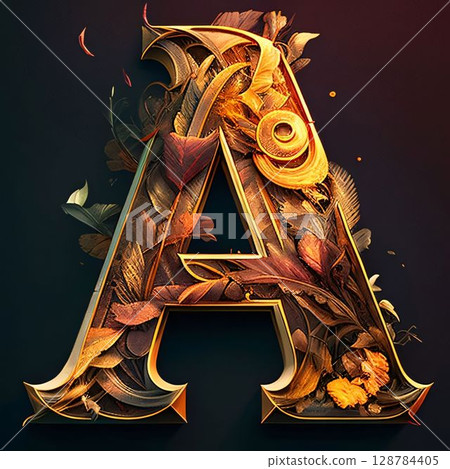 Letter A with autumn leaves. 3D illustration. Black background. Letter A with autumn leaves. 3D illustration. Black background. 128784405