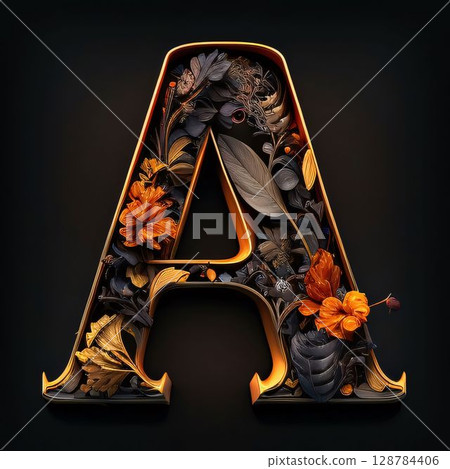 3d letter A decorated with leaves and flowers. 3d render 3d letter A decorated with leaves and flowers. 3d render 128784406