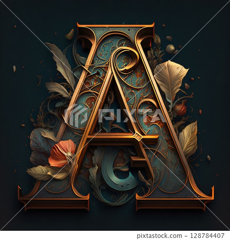 Vintage letter A decorated with leaves and flowers. 3D render Vintage letter A decorated with leaves and flowers. 3D render 128784407