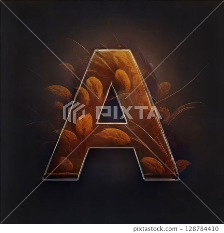 3d render of autumn leaves font. Letter A on dark background 3d render of autumn leaves font. Letter A on dark background 128784410