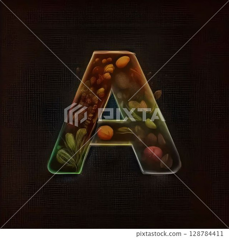 Alphabet letter A, chocolate, pistachios, almonds, dark background 128784411