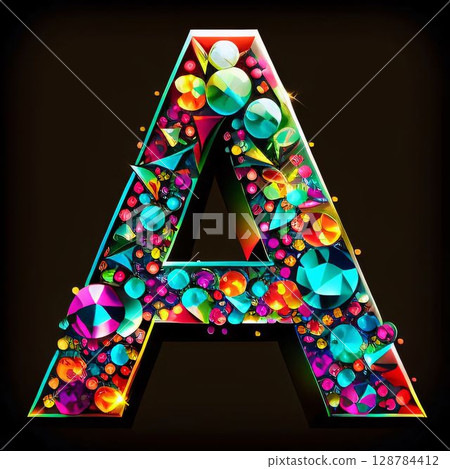 Vector alphabet. Letter A filled with colorful gems. Isolated on black background. Vector alphabet. Letter A filled with colorful gems. Isolated on black background. 128784412