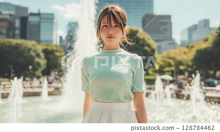 站在公園噴泉前的女人 128784462