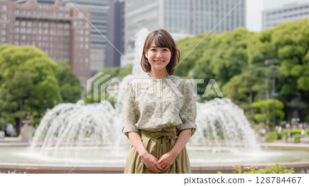 Woman standing in front of a fountain in a park 128784467