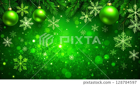 Vibrant green Christmas bokeh with shimmering snow particles and abstract light patterns 128784597