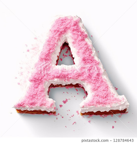 Alphabet letter A, pink frosting cake on a white background Alphabet letter A, pink frosting cake on a white background 128784643