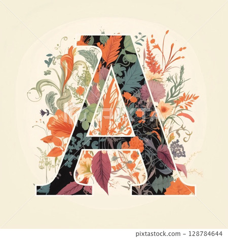 Floral capital letter A, hand drawn in vintage style. Vector illustration. Floral capital letter A, hand drawn in vintage style. Vector illustration. 128784644