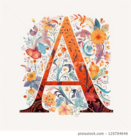 Floral capital letter A, uppercase. Watercolor floral alphabet with leaves, flowers and butterflies. Floral capital letter A, uppercase. Watercolor floral alphabet with leaves, flowers and butterflies. 128784646