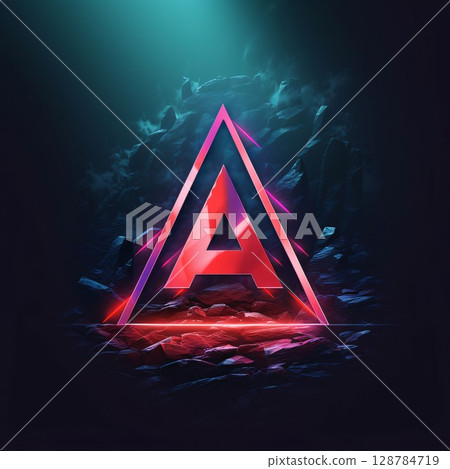 Neon letter A in the form of a pyramid on a dark background 128784719