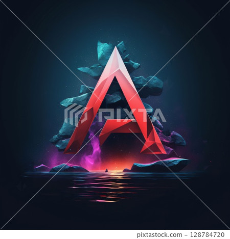 Abstract red letter A in the form of stone on the water. 3d illustration 128784720
