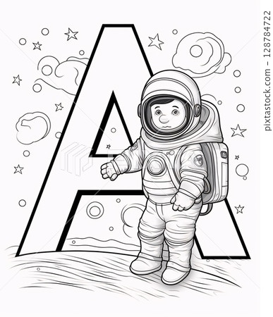 Astronaut with letter A. Vector illustration for coloring book. Astronaut with letter A. Vector illustration for coloring book. 128784722