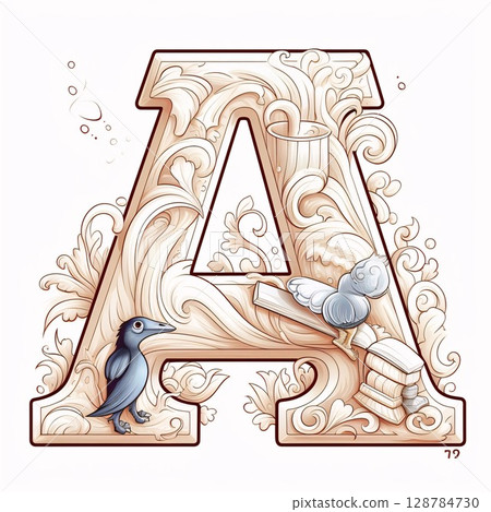 Alphabet letter A with wood texture and birds, vector illustration. 128784730