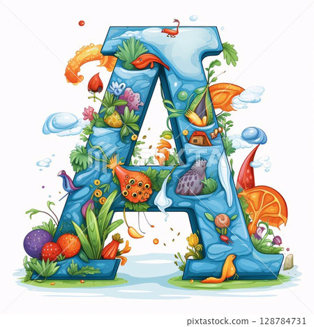Font design for letter A with mushrooms and plants in the water illustration Font design for letter A with mushrooms and plants in the water illustration 128784731