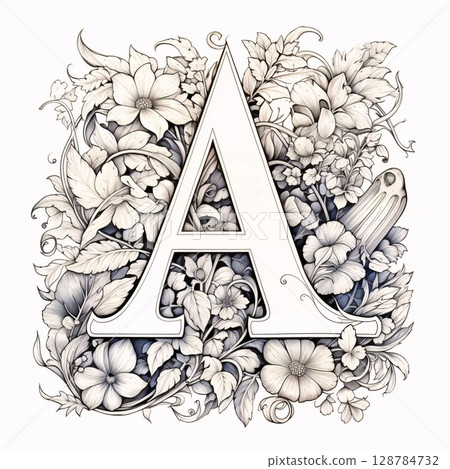 Floral letter A with flowers and leaves. Hand-drawn illustration. Floral letter A with flowers and leaves. Hand-drawn illustration. 128784732