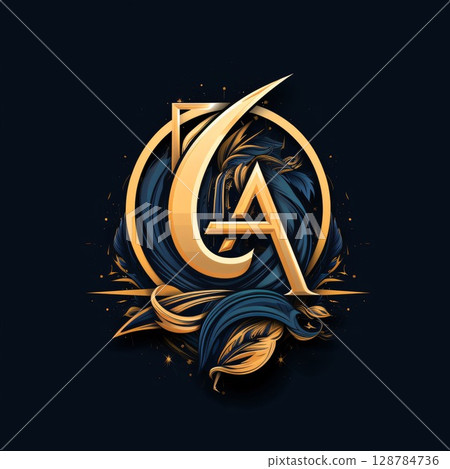 A letter logo with blue and golden flames and crown for beauty and fashion industry 128784736