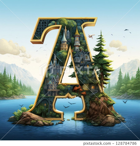 Font design for letter A with castle in the middle of the sea illustration Font design for letter A with castle in the middle of the sea illustration 128784786
