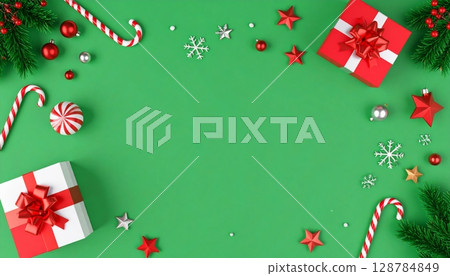 Festive Christmas greeting card background with a decorated tree, red and gold ornaments, and a merry holiday bow Festive Christmas greeting card background with a decorated tree, red and gold ornaments, and a merry holiday bow 128784849
