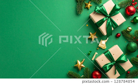 A festive holiday scene with a beautifully decorated Christmas tree, twinkling ornaments, and an array of gift boxes, perfect for celebrating the new year season A festive holiday scene with a beautifully decorated Christmas tree, twinkling ornaments, and an array of gift boxes, perfect for celebrating the new year season 128784854