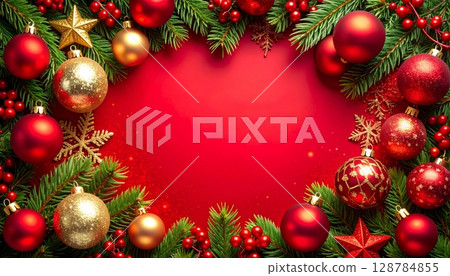 Red glass Christmas balls decorate a festive green pine tree branch, perfect for holiday celebrations and winter new year ornament frames Red glass Christmas balls decorate a festive green pine tree branch, perfect for holiday celebrations and winter new year ornament frames 128784855