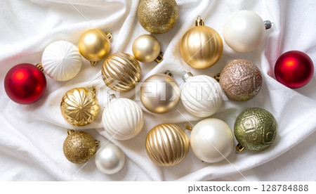 Golden Easter eggs and golden egg in a red box with pearl and gold Christmas decoration 128784888