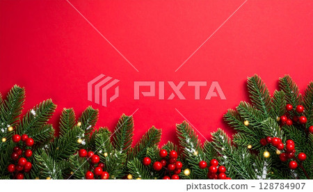 Vibrant Christmas tree decorations adorn a festive holiday background with baubles, gifts, and green fir branches, celebrating the winter season Vibrant Christmas tree decorations adorn a festive holiday background with baubles, gifts, and green fir branches, celebrating the winter season 128784907