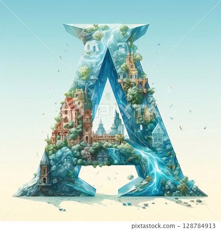 Alphabet letter A with a watercolor landscape in the form of a city. 128784913