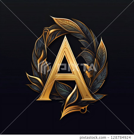 Gold letter A with golden laurel wreath on black background. Gold letter A with golden laurel wreath on black background. 128784924