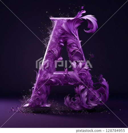 Purple liquid alphabet letter A uppercase, 3d render 128784955