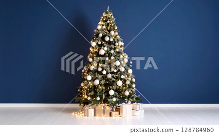 A beautifully decorated Christmas tree, adorned with festive ornaments and a shining star, stands tall with an array of colorful presents beneath its boughs, celebrating the holiday season A beautifully decorated Christmas tree, adorned with festive ornaments and a shining star, stands tall with an array of colorful presents beneath its boughs, celebrating the holiday season 128784960