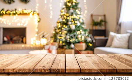 Festive Christmas tree in a cozy living room with vintage wooden furniture and warm holiday lights Festive Christmas tree in a cozy living room with vintage wooden furniture and warm holiday lights 128785012