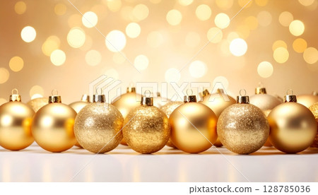 Golden Christmas balls shimmer on a dark background, perfect for festive holiday decoration Golden Christmas balls shimmer on a dark background, perfect for festive holiday decoration 128785036
