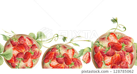 Strawberry berries leaves served on ceramic dish, hand drawn in watercolor, ripe picked pineberry strasberry harvest. Isolated seamless banner border. Restaurant menu, cookbook, farmers market grocery Strawberry berries leaves served on ceramic dish, hand drawn in watercolor, ripe picked pineberry strasberry harvest. Isolated seamless banner border. Restaurant menu, cookbook, farmers market grocery 128785062