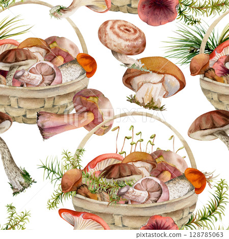 Baskets full of picked mushrooms, autumn forest harvest of bolete russula webcap milk-cap fungi with horsetail plant stalks, grass blades. Seamless pattern tile hand drawn in watercolor. Label, menu Baskets full of picked mushrooms, autumn forest harvest of bolete russula webcap milk-cap fungi with horsetail plant stalks, grass blades. Seamless pattern tile hand drawn in watercolor. Label, menu 128785063