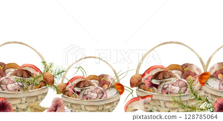Baskets full of picked mushrooms, autumn forest harvest of bolete russula webcap milk-cap fungi with horsetail plant stalks, grass blades. Seamless banner header wrapper hand drawn in watercolor. 128785064