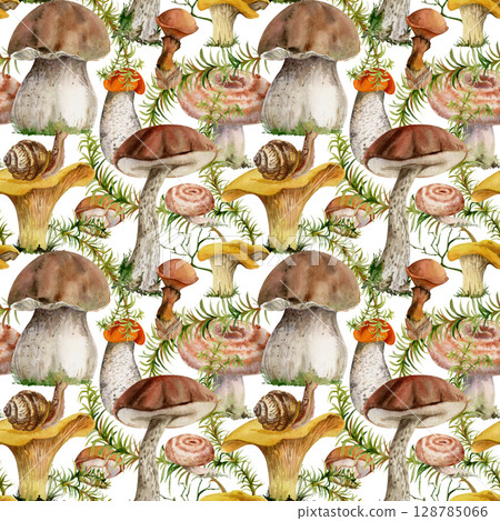 Mushrooms seamless pattern hand drawn in watercolor. Golden chanterelle girolle russula webcap birch bolete suillus slippery jack fungi, horsetail plant stalks. Wild food market packaging wrapping 128785066
