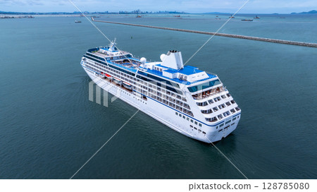 Aerial view cruise ship liner on ocean sea, Luxury cruise ship liner modern maritime travel lifestyle ocean sea, Cruise ship liner exclusive tourism travel on holiday take vacation time. 128785080