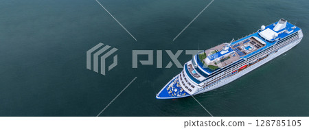 Aerial view cruise ship liner on ocean sea, Luxury cruise ship liner modern maritime travel lifestyle ocean sea, Cruise ship liner exclusive tourism travel on holiday take vacation time. 128785105