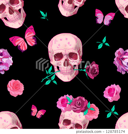Vector romantic gothic seamless pattern with pink skulls, roses, and butterflies on black background. Perfect for fashion, print Vector romantic gothic seamless pattern with pink skulls, roses, and butterflies on black background. Perfect for fashion, print 128785174