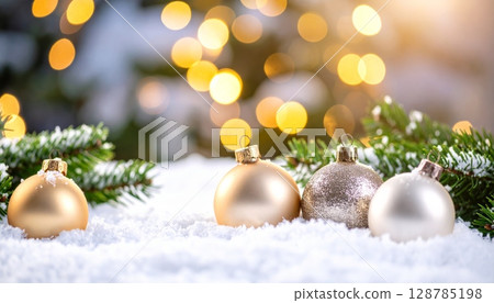 Shiny golden Christmas baubles adorn a festive fir branch, ready for holiday celebrations 128785198