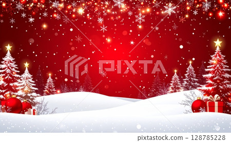 Red winter holiday background with a festive pattern of snowflakes, stars, and ornaments 128785228