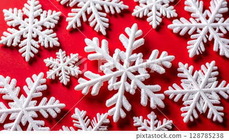A festive red Christmas background with sparkling snowflakes creates a perfect winter holiday decoration 128785238