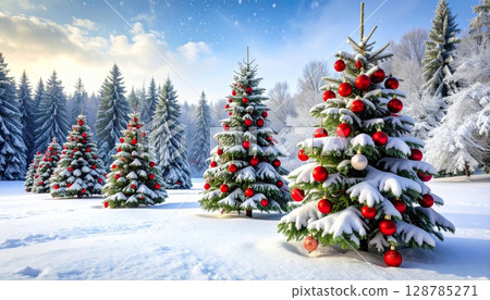 A festive green Christmas tree with sparkling ornaments stands adorned in the snowy city, celebrating the winter holiday season 128785271