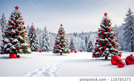 A festive green Christmas tree with sparkling ornaments stands adorned in the snowy city, celebrating the winter holiday season 128785273
