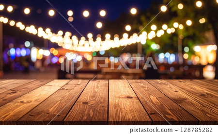 Warm wooden interior of an empty room with abstract light bokeh and blurred city lights outside Warm wooden interior of an empty room with abstract light bokeh and blurred city lights outside 128785282