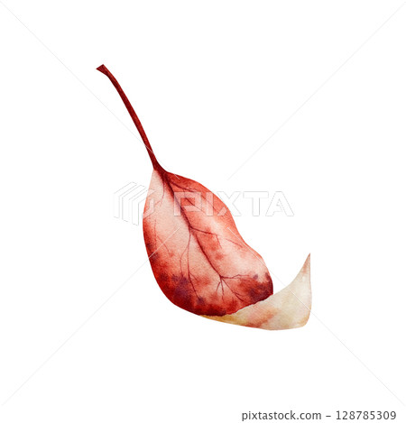 Watercolor leaf in warm autumn tones. Botanical hand drawn illustration isolated on background. Ideal for seasonal, halloween, forest, or nature-themed designs. Rustic foliage perfect for fall decor 128785309