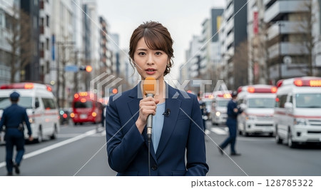 一名女記者在事故現場進行現場報道 128785322