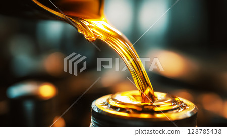 Macro shot of golden engine oil being poured into car engine high detail with motion captured in workshop conditions 128785438